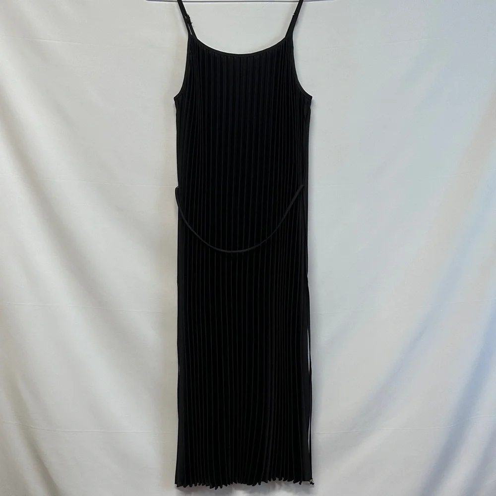 NWT Sam Edelman Hammered Satin Plissé Black Midi Dress L - Picture 2 of 9